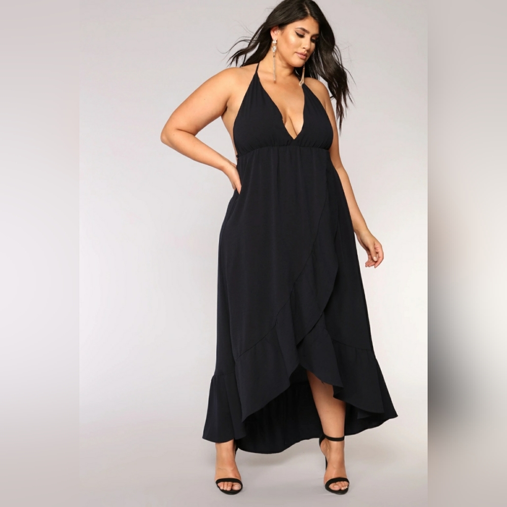 Navy Cross Back Ruffle Bottom Wrap Front Maxi Dress